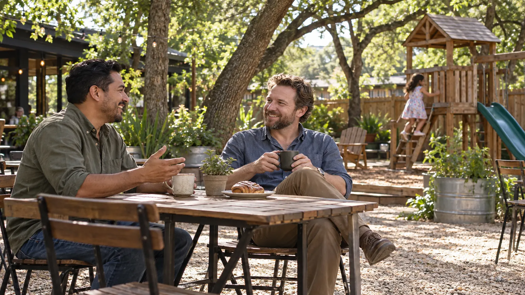 Two men enjoying coffee in a shaded cafe backyard while a child plays nearby.