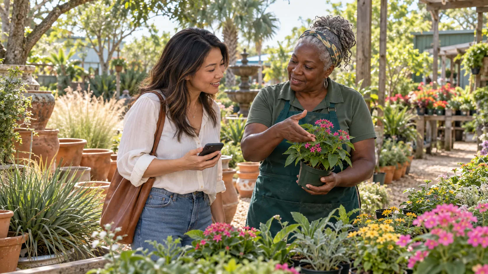 A garden center employee helping a customer choose a flowering plant.