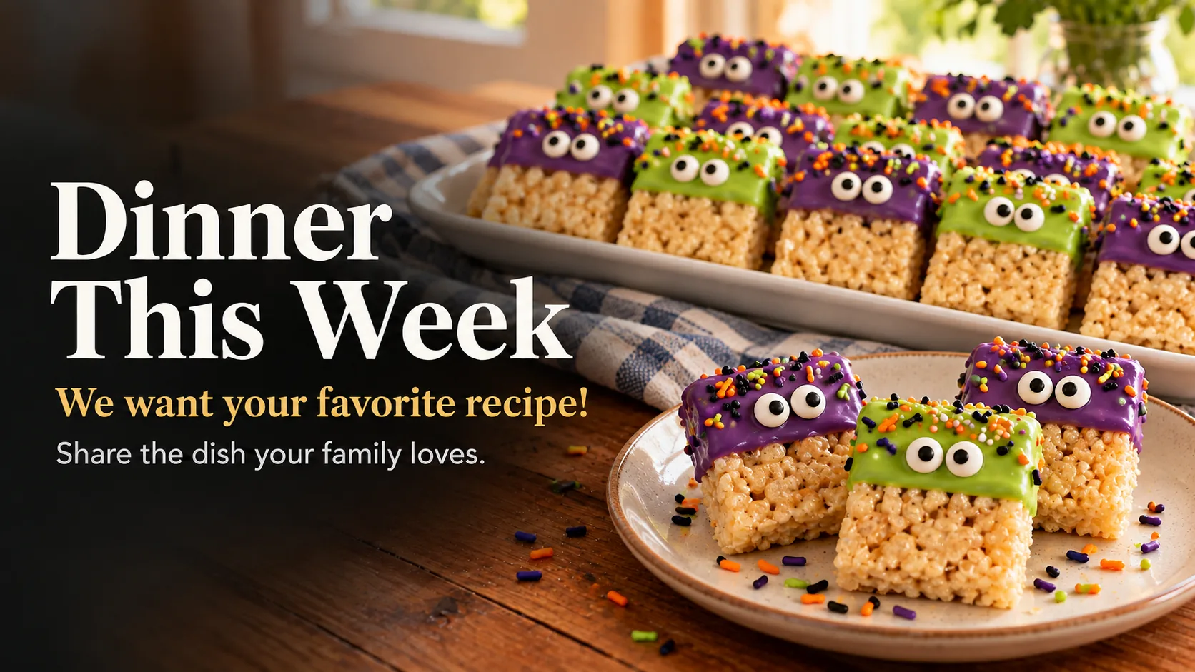 Rice cereal treats dipped in green and purple candy coating with candy eyes and sprinkles, on a tray.
