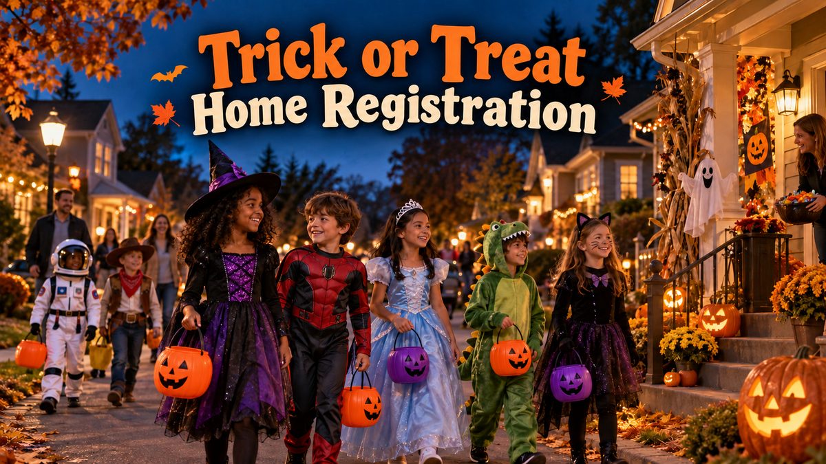 Trick-or-Treat Map 2026 in Sunset Crossing: costumed children walking a decorated neighborhood street at dusk with candy buckets